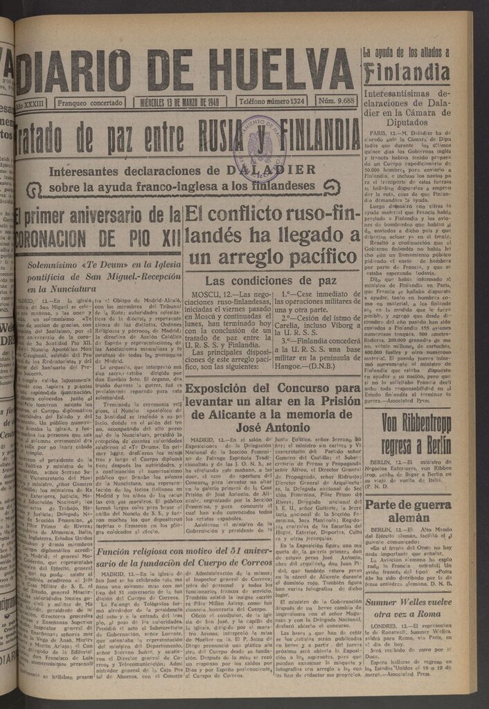 Miniatura de Diario de Huelva : periódico independiente del 13 de marzo de 1940