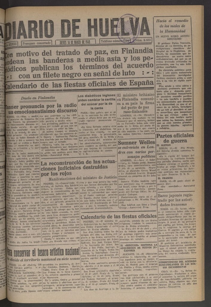 Miniatura de Diario de Huelva : periódico independiente del 14 de marzo de 1940