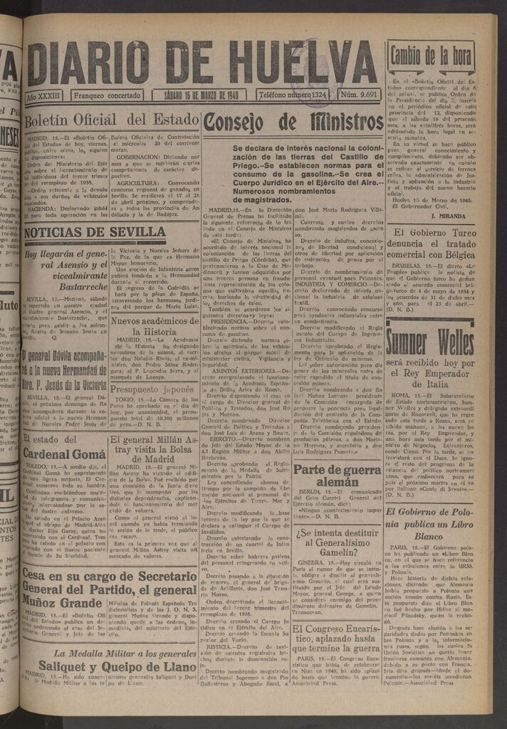 Miniatura de Diario de Huelva : periódico independiente del 16 de marzo de 1940