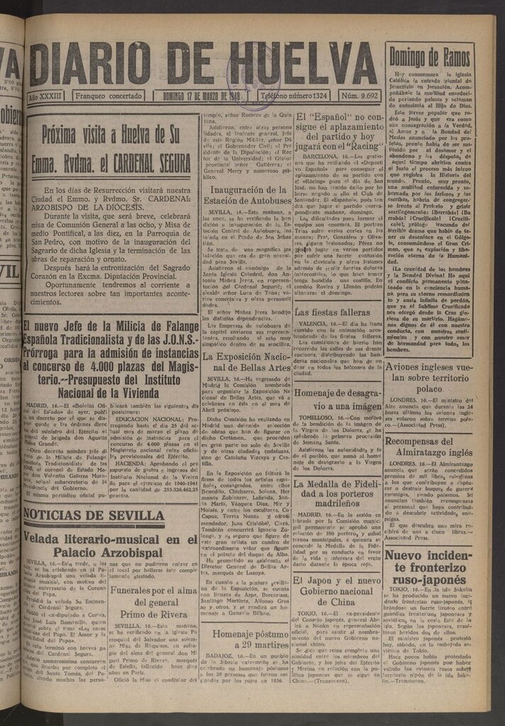 Miniatura de Diario de Huelva : periódico independiente del 17 de marzo de 1940
