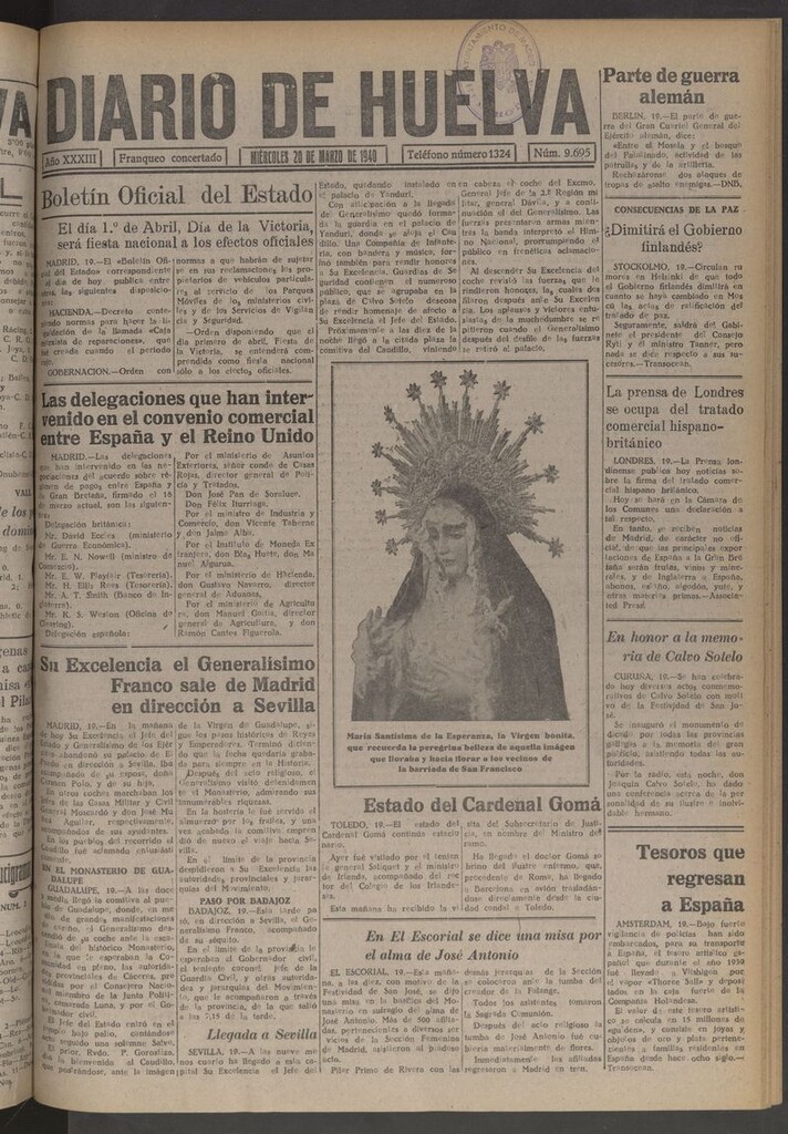 Miniatura de Diario de Huelva : periódico independiente del 20 de marzo de 1940