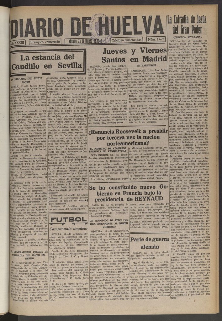 Miniatura de Diario de Huelva : periódico independiente del 23 de marzo de 1940