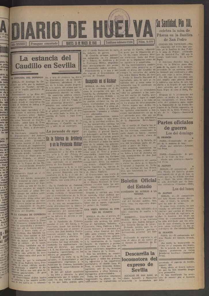 Miniatura de Diario de Huelva : periódico independiente del 26 de marzo de 1940