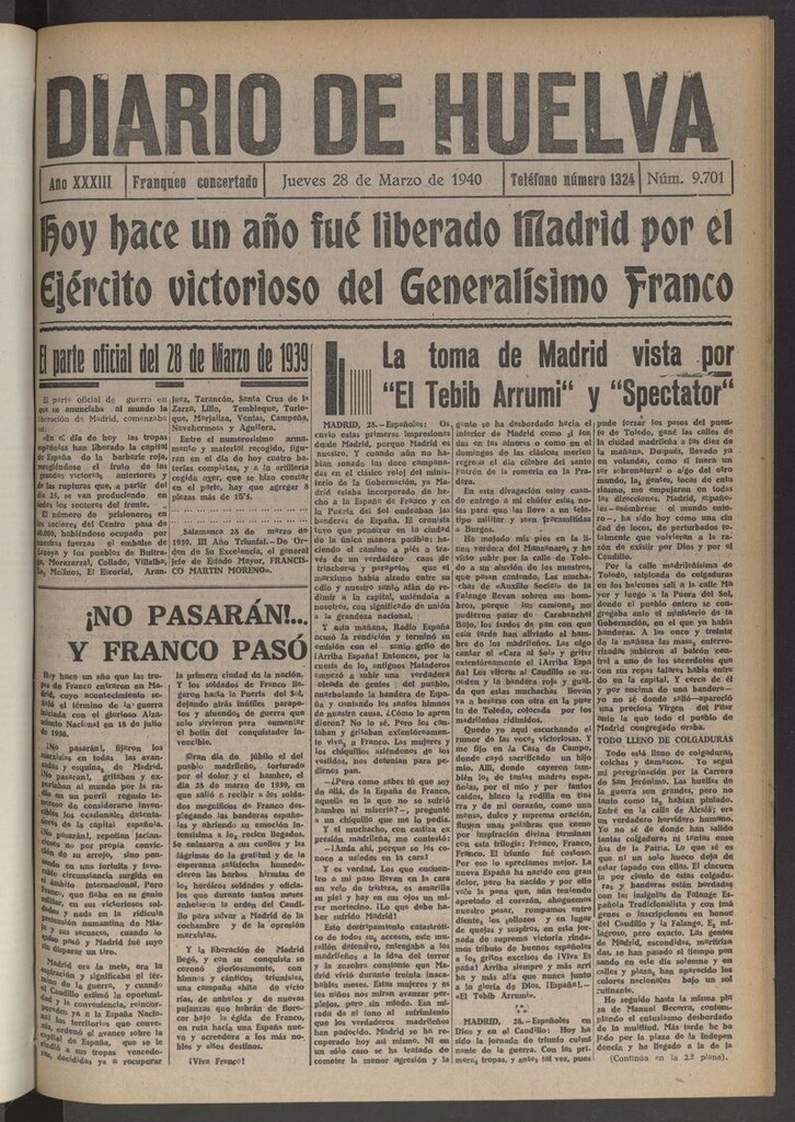 Miniatura de Diario de Huelva : periódico independiente del 28 de marzo de 1940