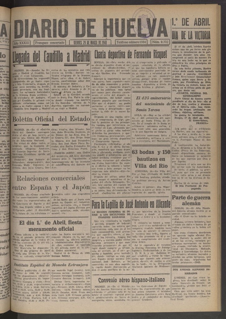 Miniatura de Diario de Huelva : periódico independiente del 29 de marzo de 1940