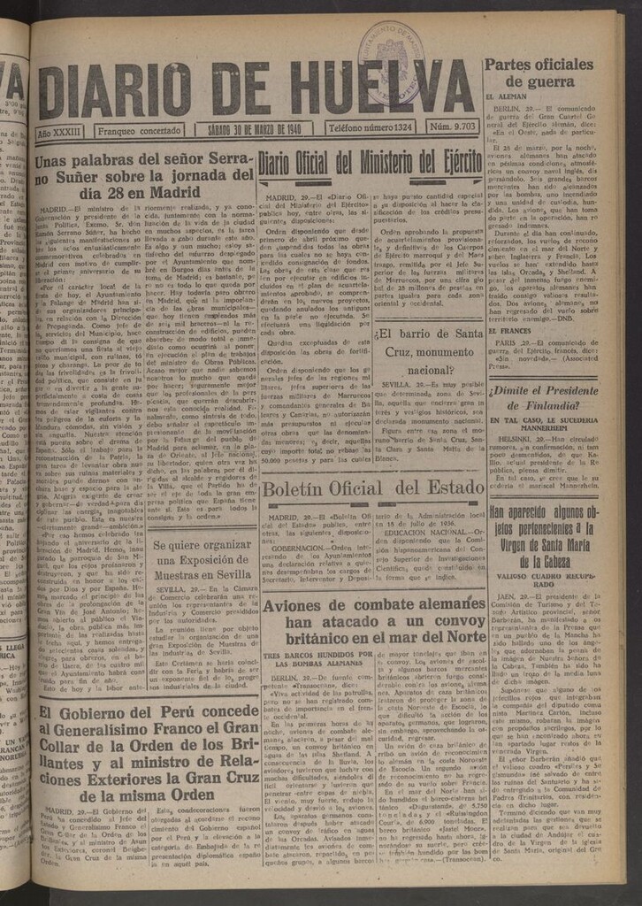 Miniatura de Diario de Huelva : periódico independiente del 30 de marzo de 1940