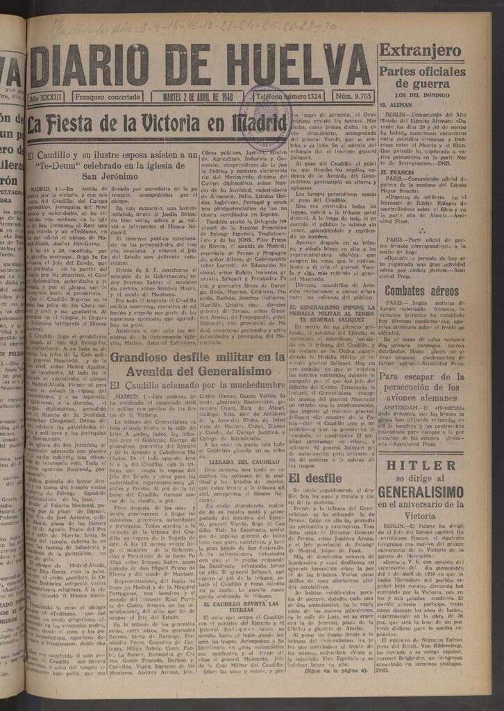 Miniatura de Diario de Huelva : periódico independiente del 2 de abril de 1940