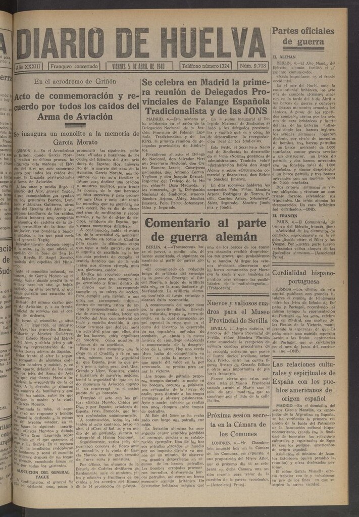 Miniatura de Diario de Huelva : periódico independiente del 5 de abril de 1940