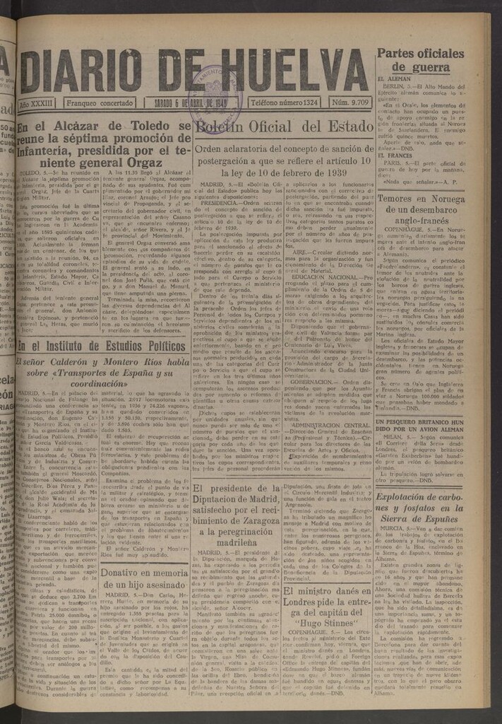 Miniatura de Diario de Huelva : periódico independiente del 6 de abril de 1940