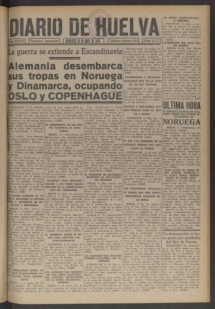 Miniatura de Diario de Huelva : periódico independiente del 10 de abril de 1940