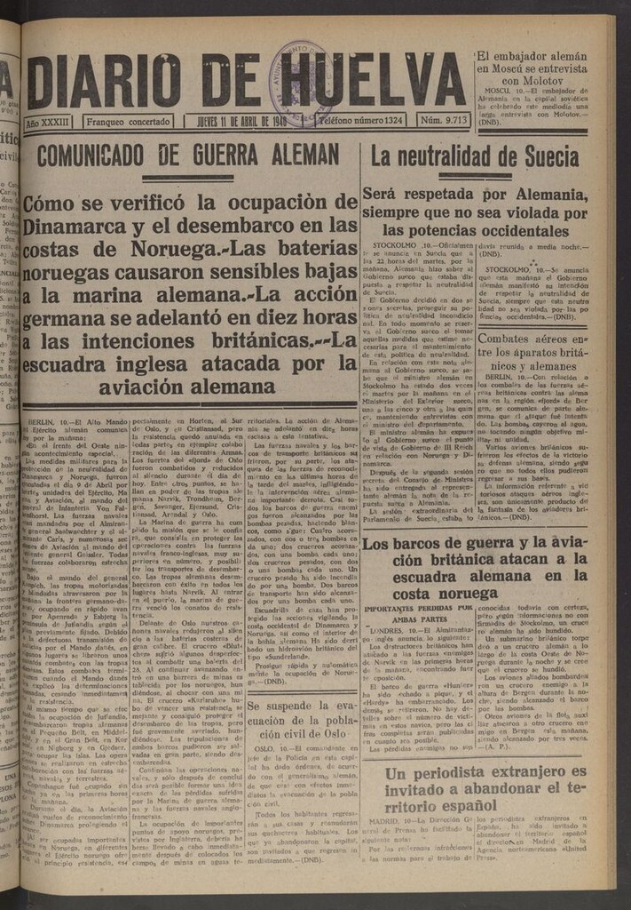 Miniatura de Diario de Huelva : periódico independiente del 11 de abril de 1940