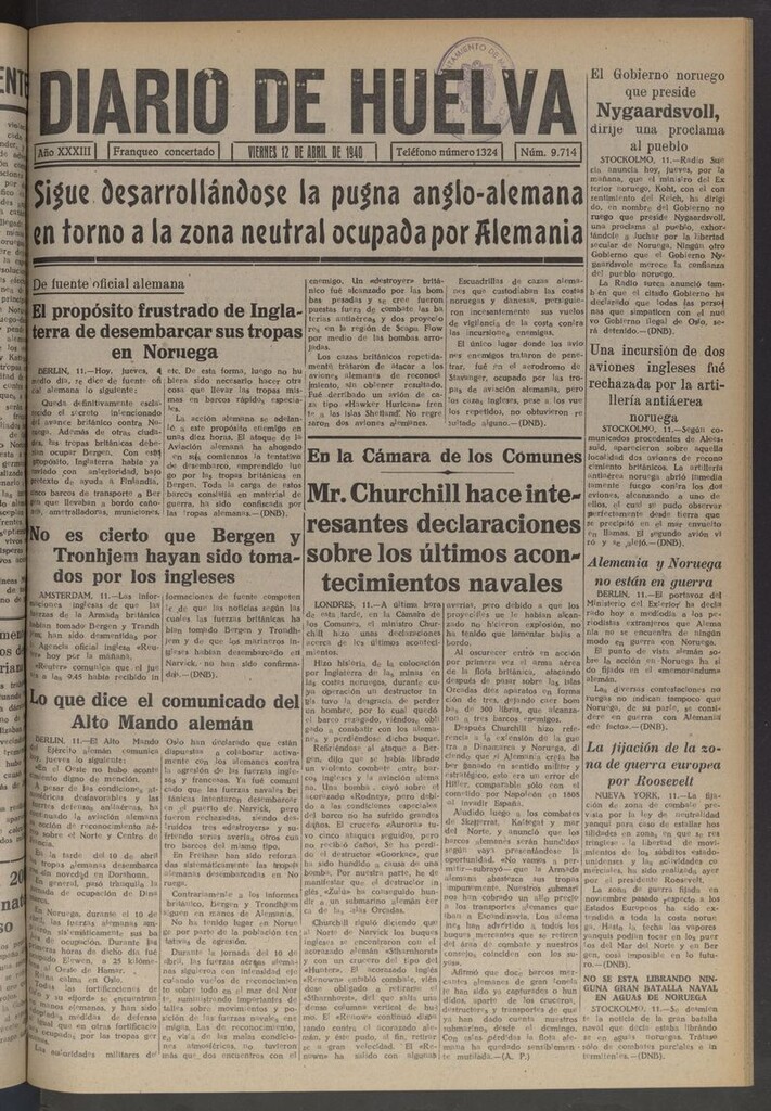 Miniatura de Diario de Huelva : periódico independiente del 12 de abril de 1940