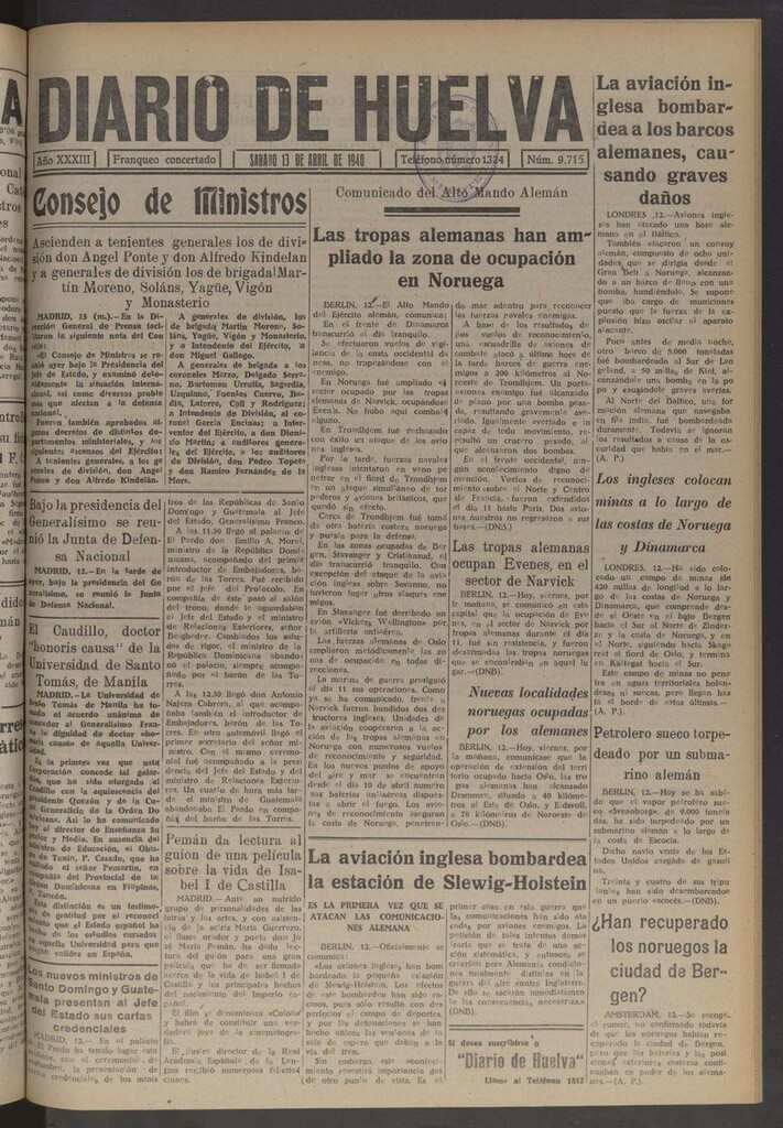 Miniatura de Diario de Huelva : periódico independiente del 13 de abril de 1940