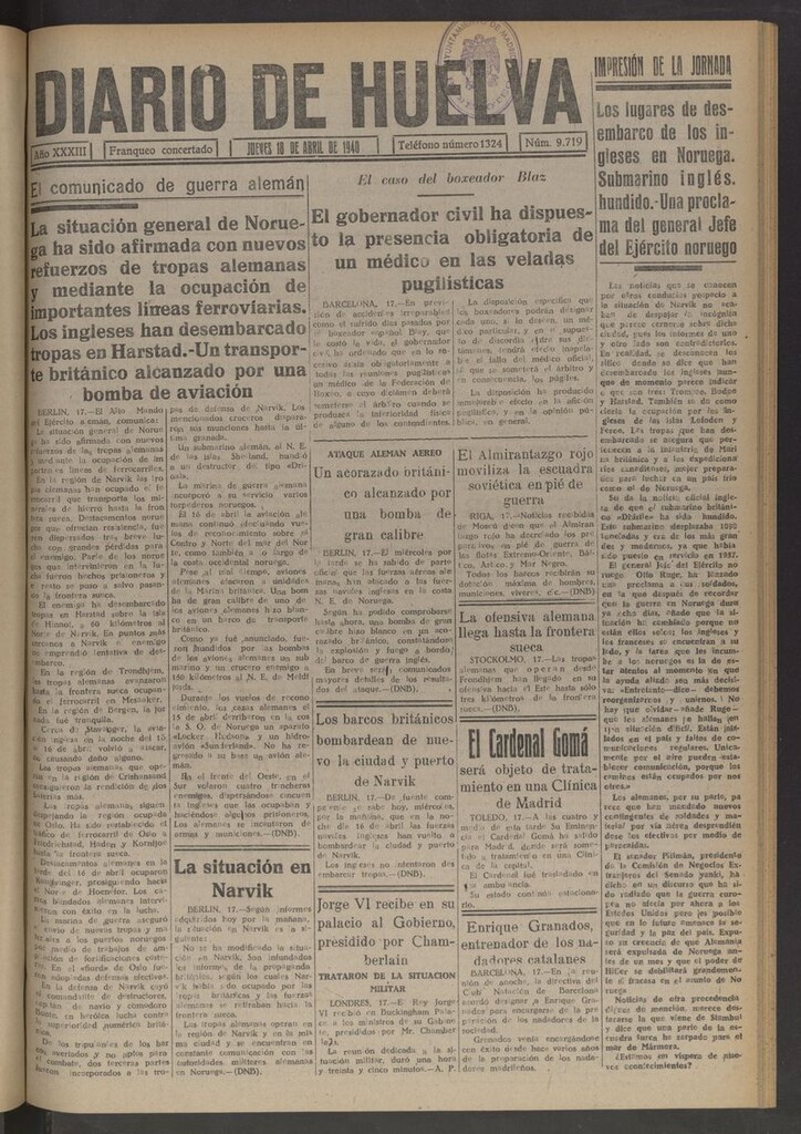 Miniatura de Diario de Huelva : periódico independiente del 18 de abril de 1940