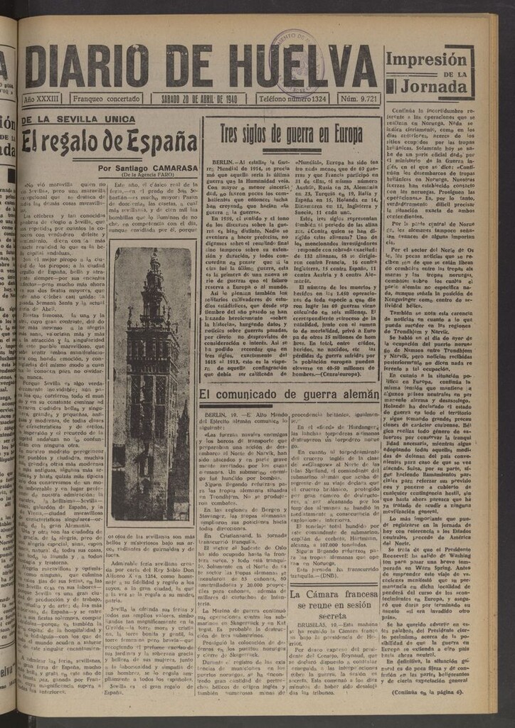 Miniatura de Diario de Huelva : periódico independiente del 20 de abril de 1940