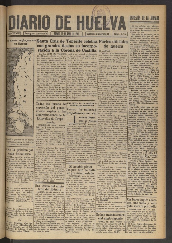 Miniatura de Diario de Huelva : periódico independiente del 27 de abril de 1940