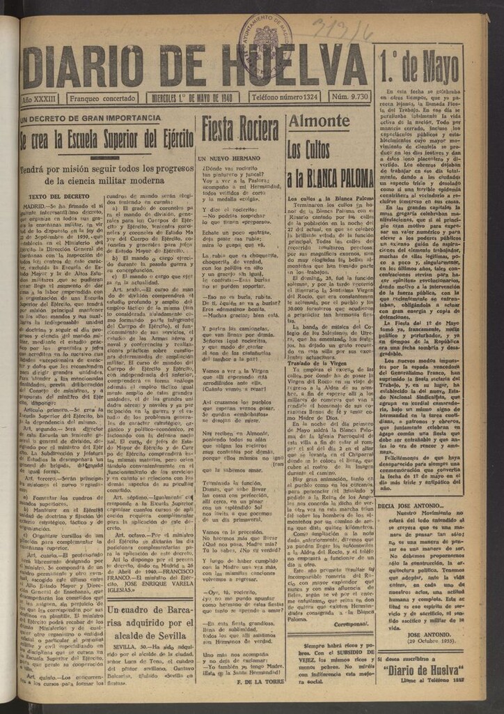Miniatura de Diario de Huelva : periódico independiente del 1 de mayo de 1940