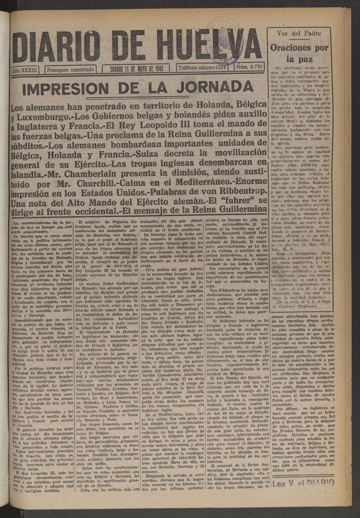 Miniatura de Diario de Huelva : periódico independiente del 11 de mayo de 1940