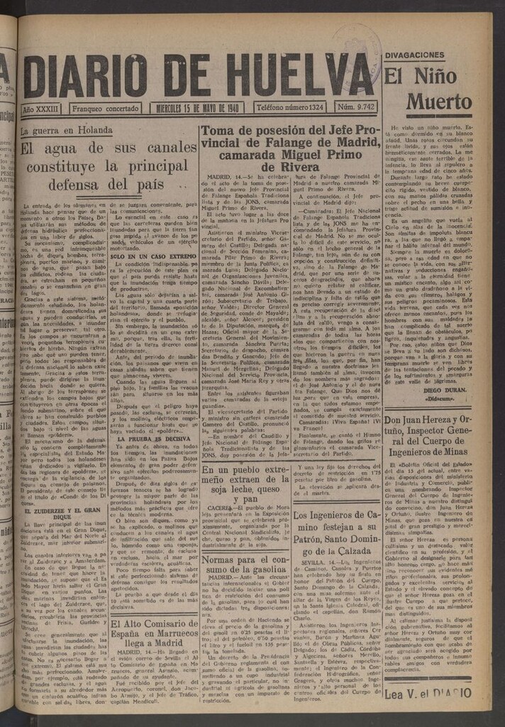 Miniatura de Diario de Huelva : periódico independiente del 15 de mayo de 1940