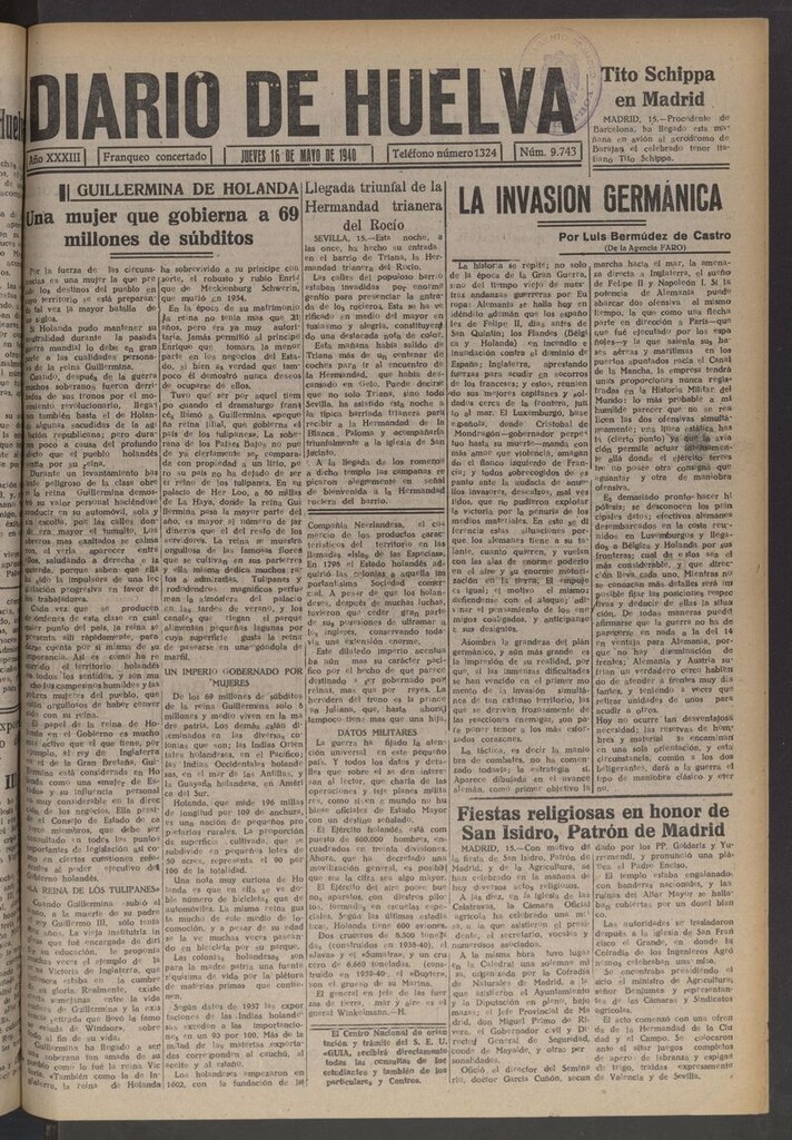Miniatura de Diario de Huelva : periódico independiente del 16 de mayo de 1940