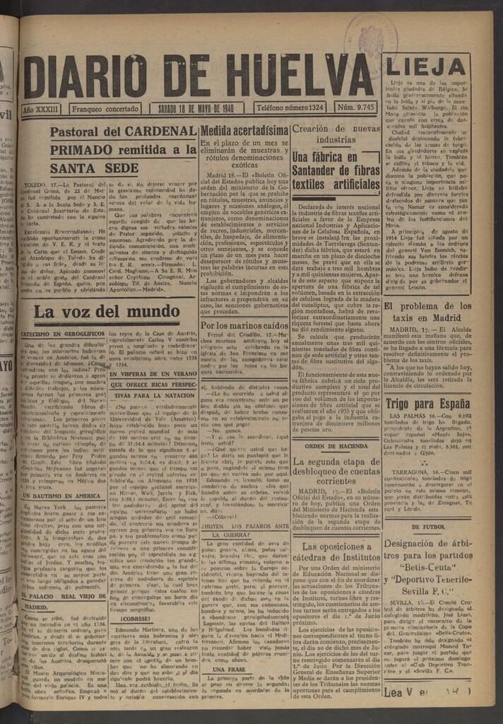Miniatura de Diario de Huelva : periódico independiente del 18 de mayo de 1940