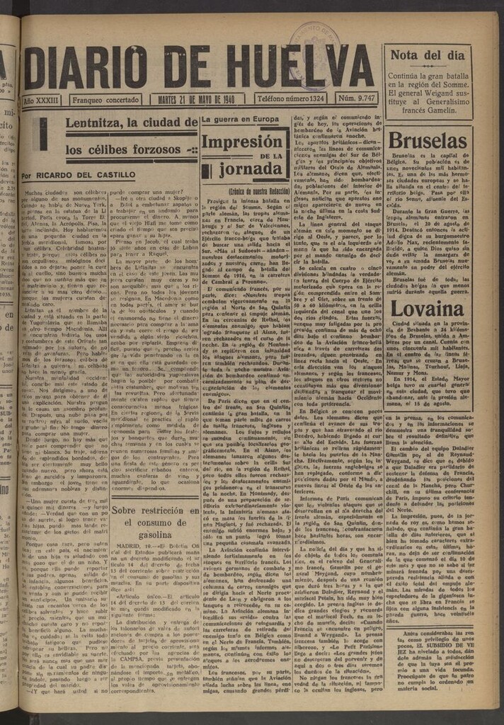 Miniatura de Diario de Huelva : periódico independiente del 21 de mayo de 1940
