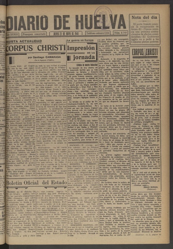 Miniatura de Diario de Huelva : periódico independiente del 23 de mayo de 1940