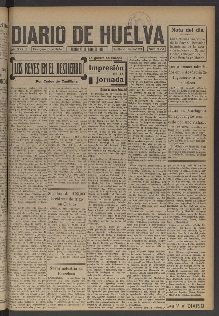 Miniatura de Diario de Huelva : periódico independiente del 25 de mayo de 1940