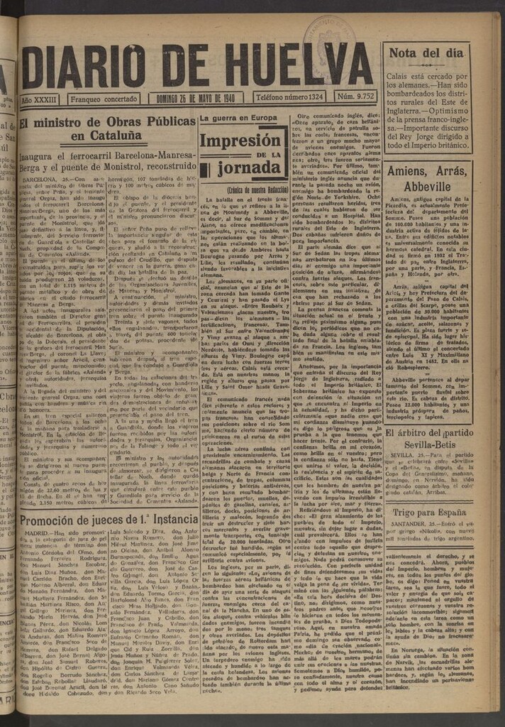 Miniatura de Diario de Huelva : periódico independiente del 26 de mayo de 1940