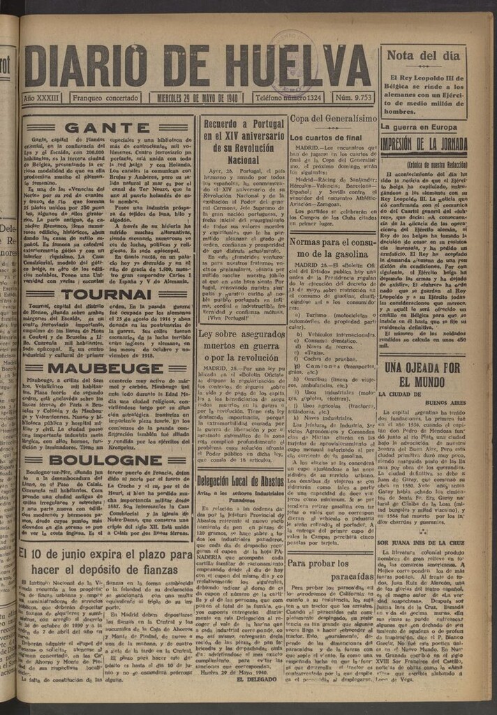 Miniatura de Diario de Huelva : periódico independiente del 29 de mayo de 1940