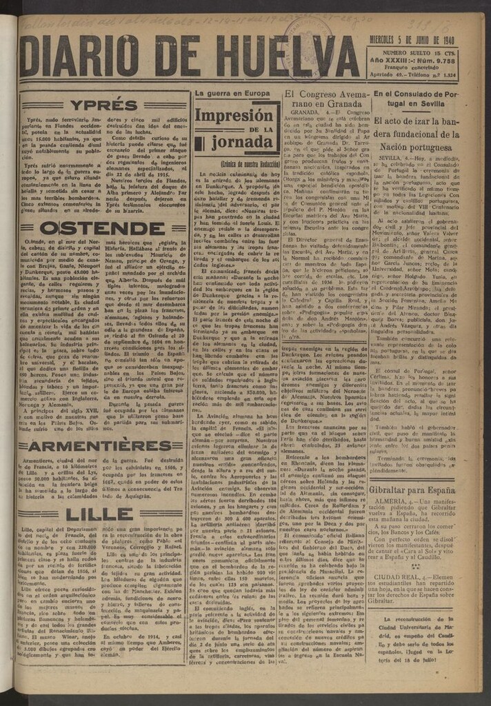 Miniatura de Diario de Huelva : periódico independiente del 5 de junio de 1940