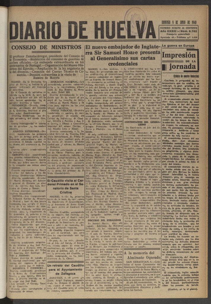 Miniatura de Diario de Huelva : periódico independiente del 9 de junio de 1940