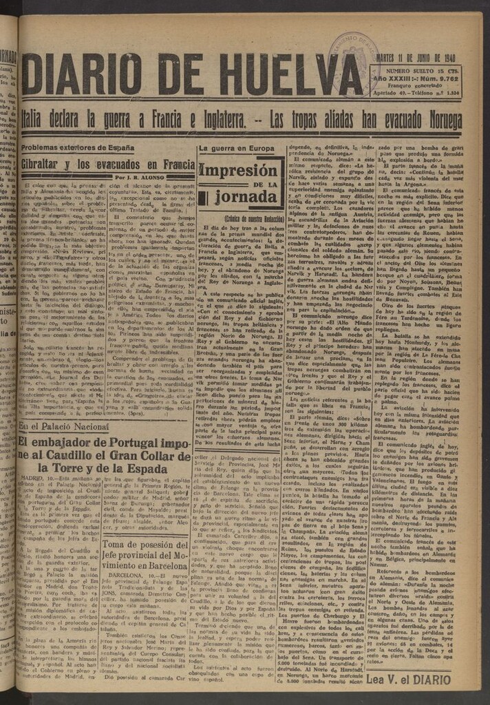 Miniatura de Diario de Huelva : periódico independiente del 11 de junio de 1940