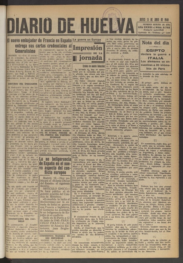Miniatura de Diario de Huelva : periódico independiente del 13 de junio de 1940