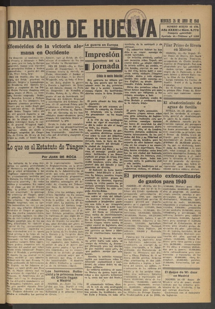 Miniatura de Diario de Huelva : periódico independiente del 26 de junio de 1940