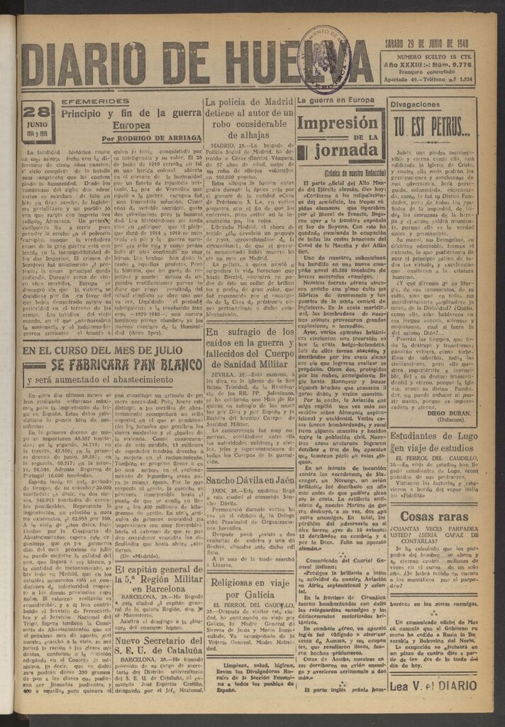 Miniatura de Diario de Huelva : periódico independiente del 29 de junio de 1940