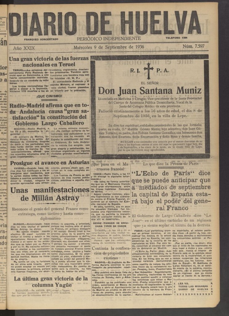 Miniatura de Diario de Huelva : periódico independiente del 9 de septiembre de 1936