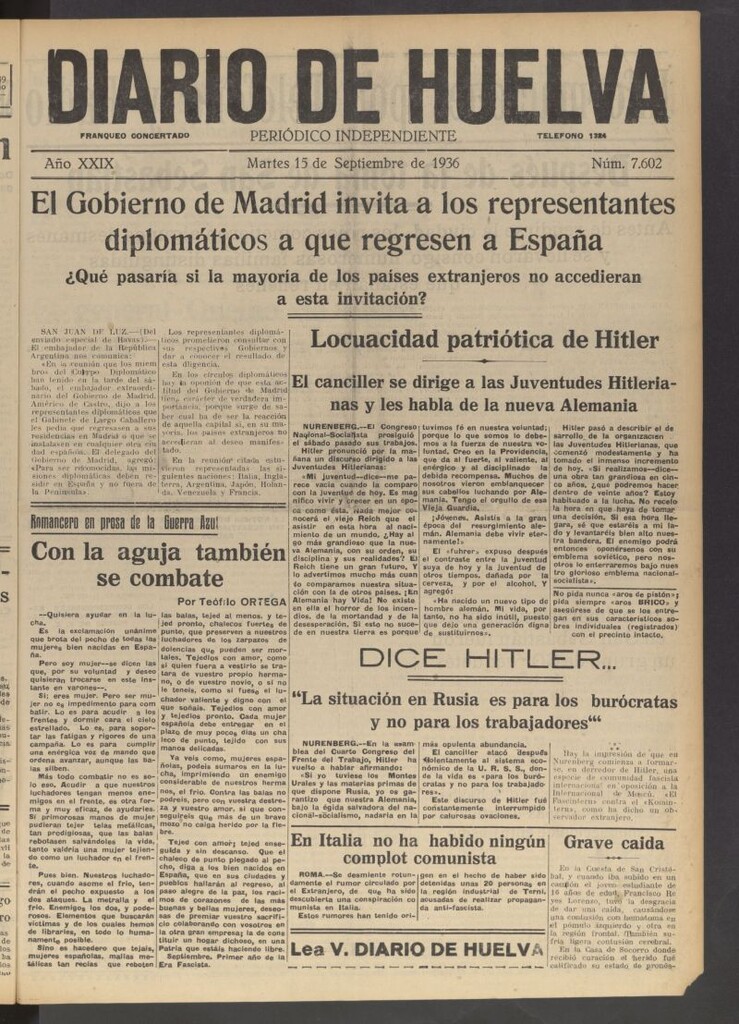Miniatura de Diario de Huelva : periódico independiente del 15 de septiembre de 1936