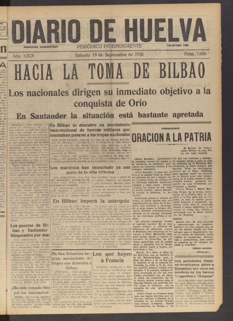 Miniatura de Diario de Huelva : periódico independiente del 19 de septiembre de 1936