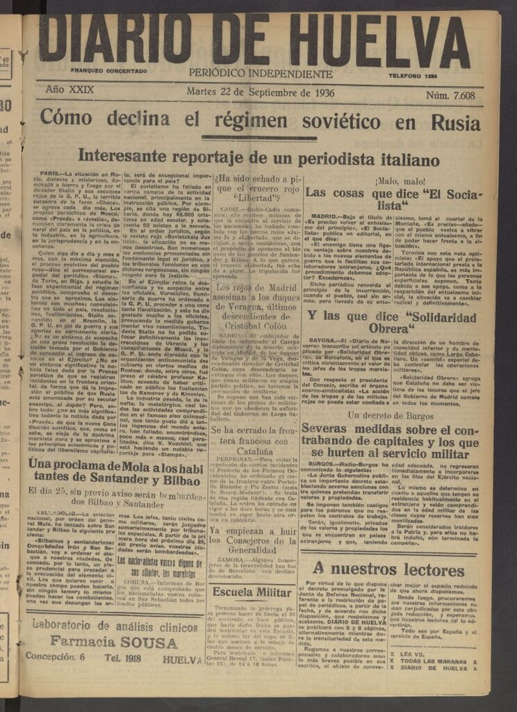 Miniatura de Diario de Huelva : periódico independiente del 22 de septiembre de 1936
