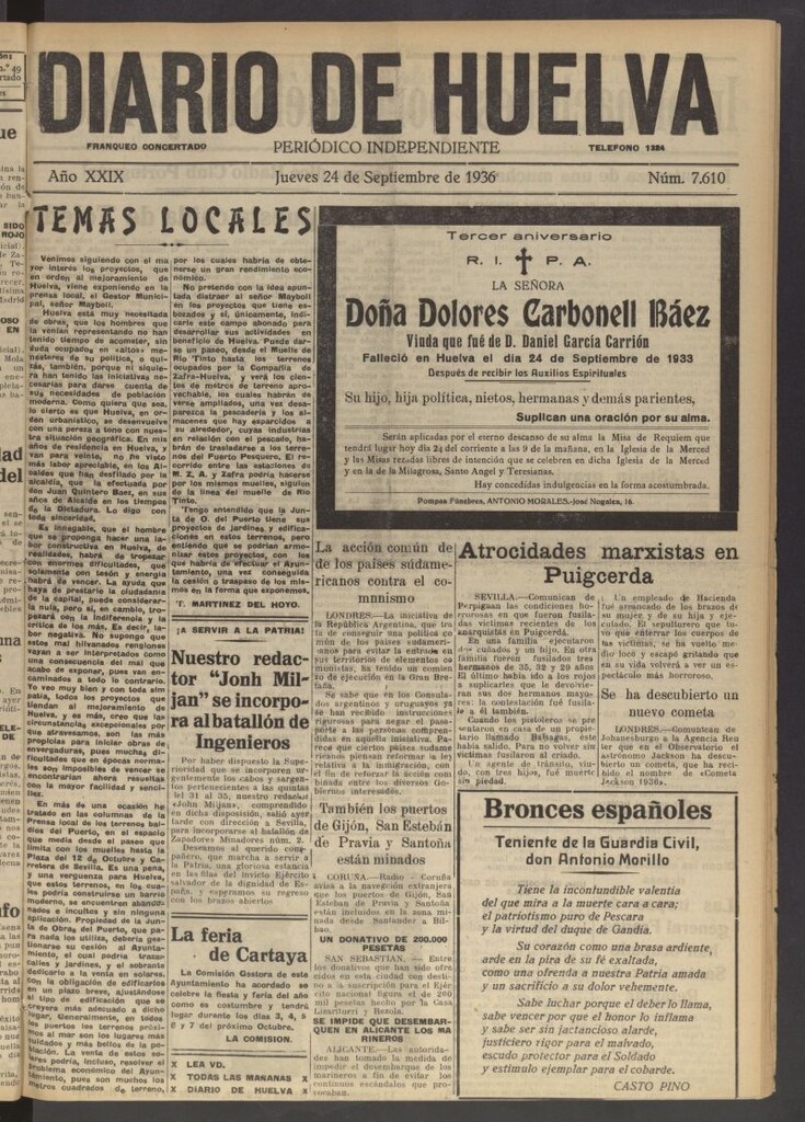 Miniatura de Diario de Huelva : periódico independiente del 24 de septiembre de 1936