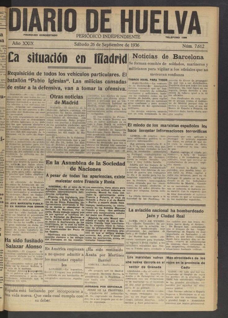 Miniatura de Diario de Huelva : periódico independiente del 26 de septiembre de 1936