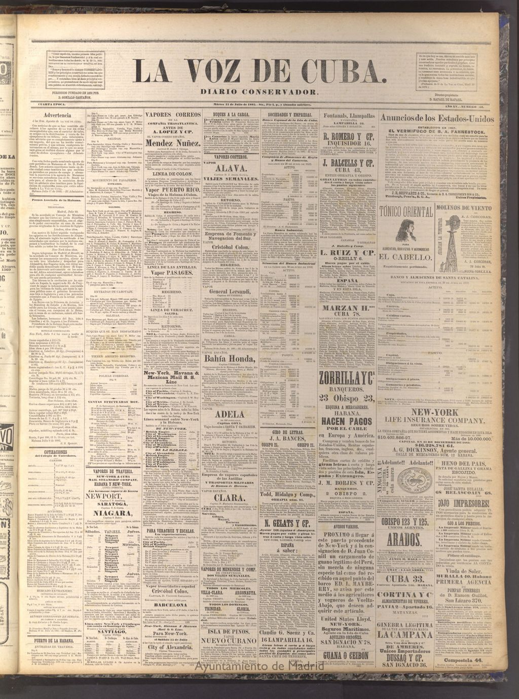 Miniatura de La Voz de Cuba: diario conservador del 11 de julio de 1882