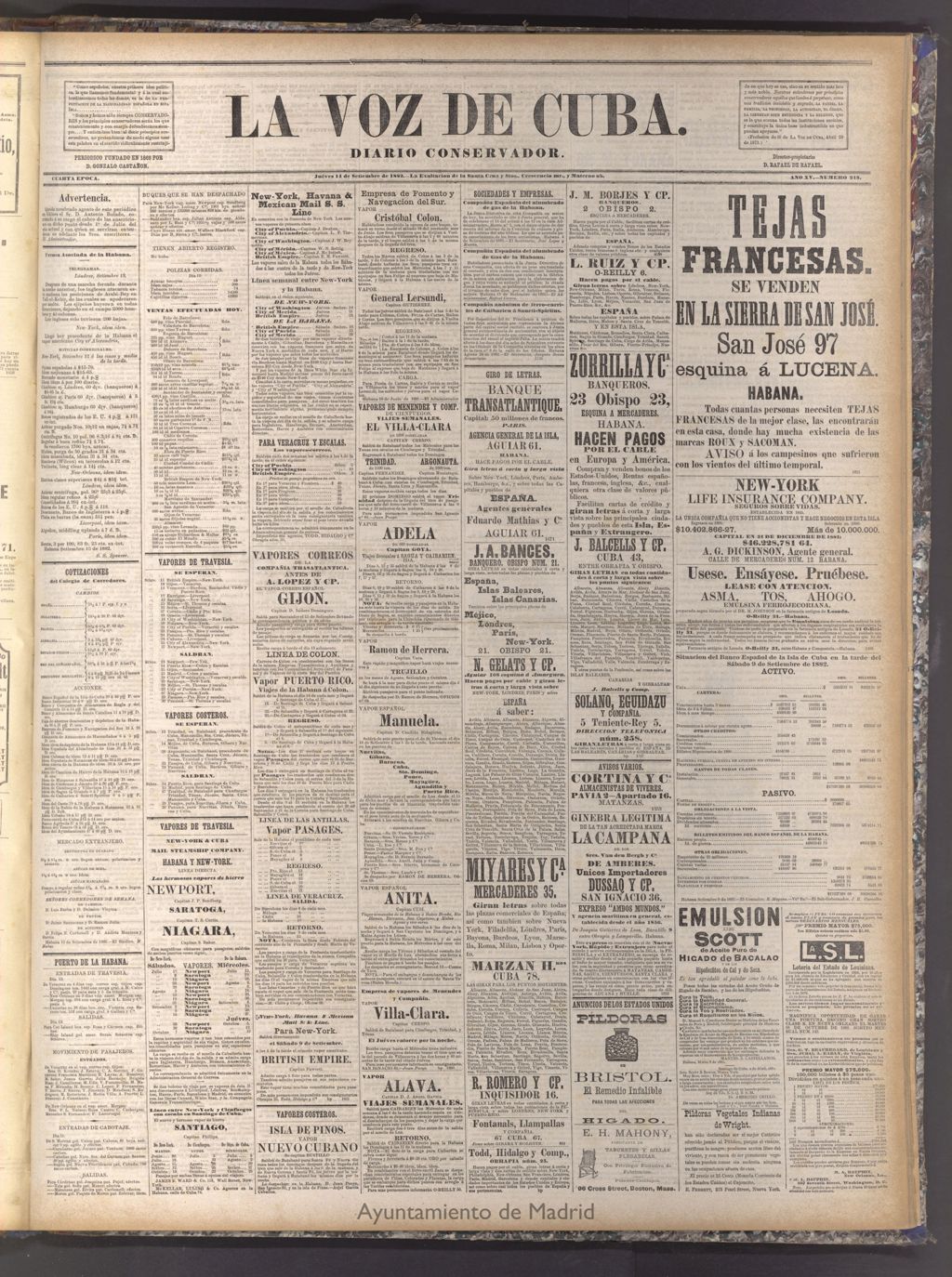 Miniatura de La Voz de Cuba: diario conservador del 14 de septiembre de 1882