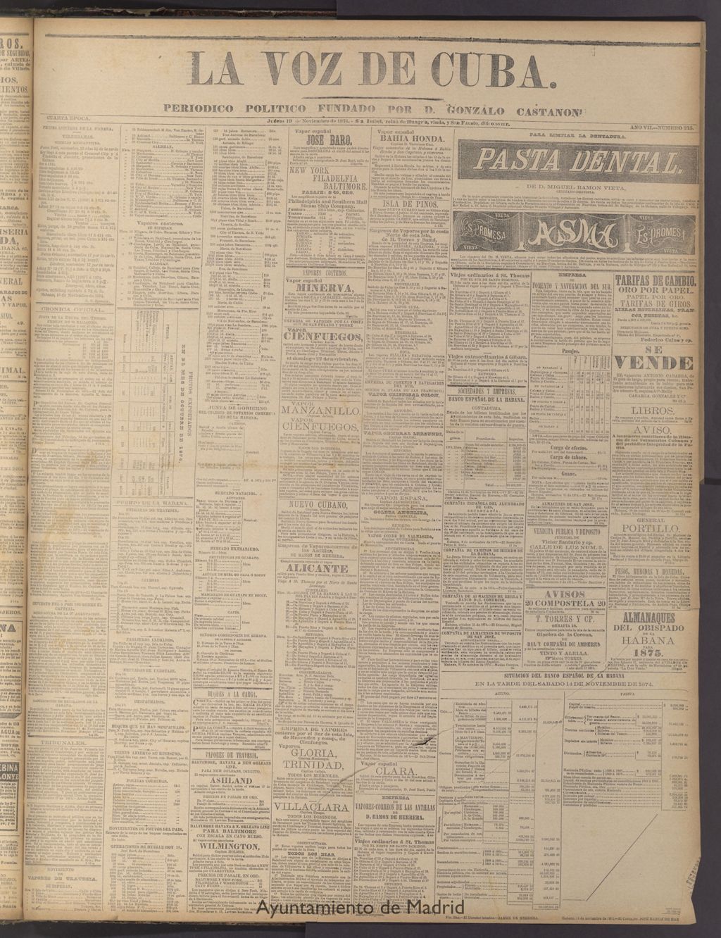 Miniatura de La Voz de Cuba: diario conservador del 19 de noviembre de 1874