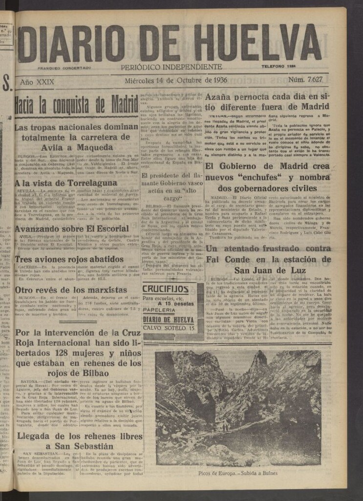 Miniatura de Diario de Huelva : periódico independiente del 14 de octubre de 1936