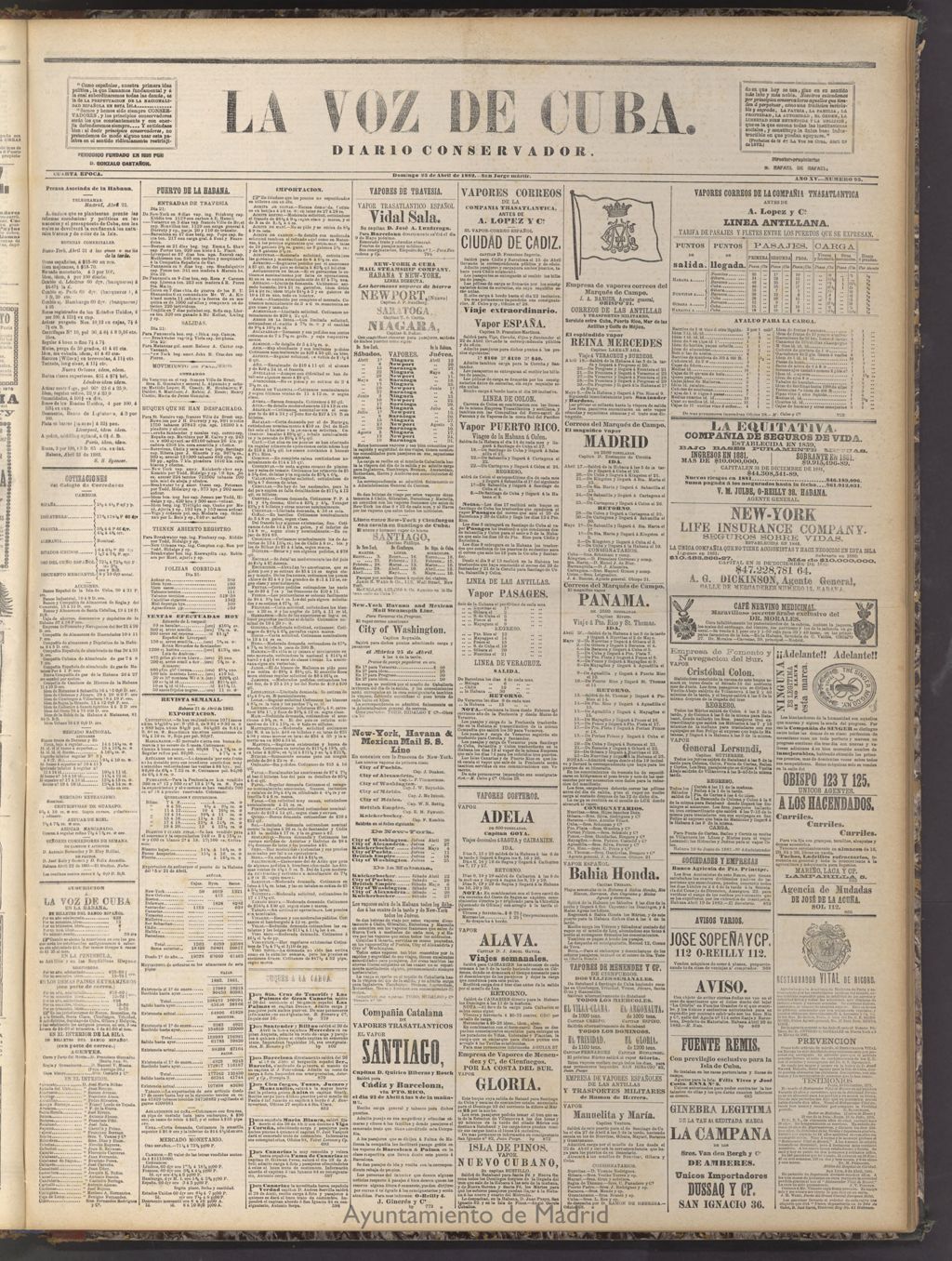 Miniatura de La Voz de Cuba: diario conservador del 23 de abril de 1882