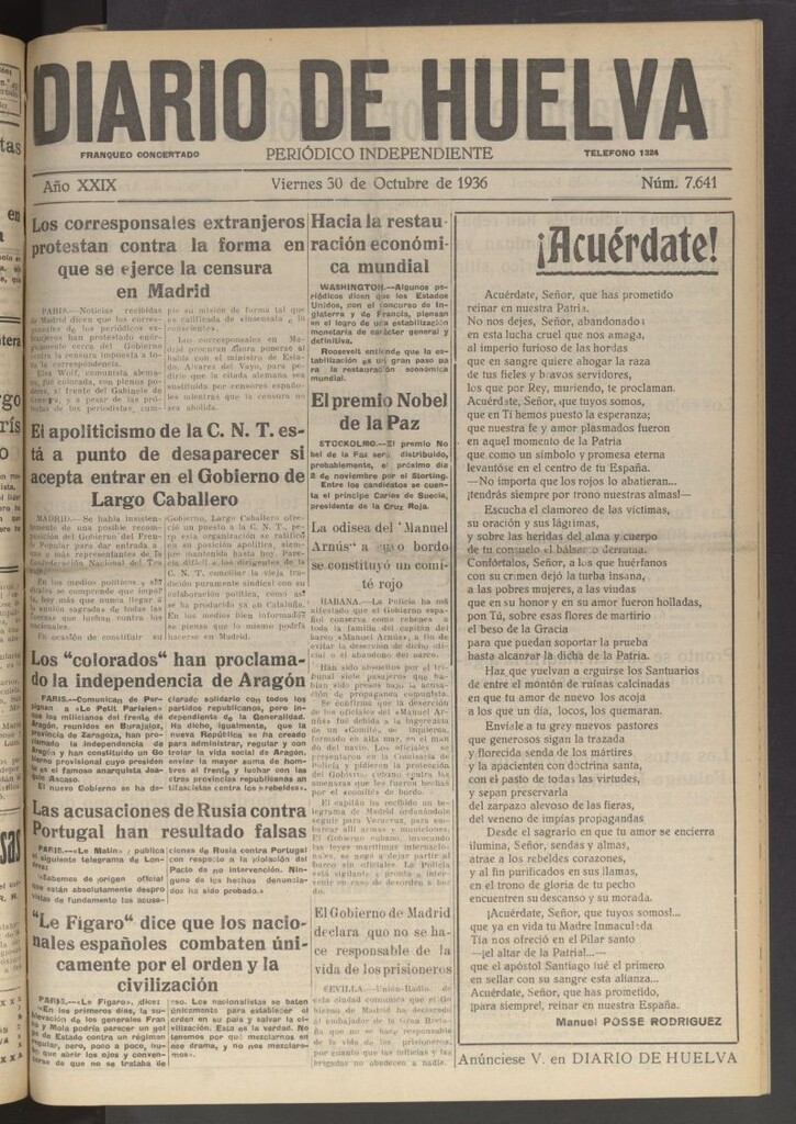 Miniatura de Diario de Huelva : periódico independiente del 30 de octubre de 1936