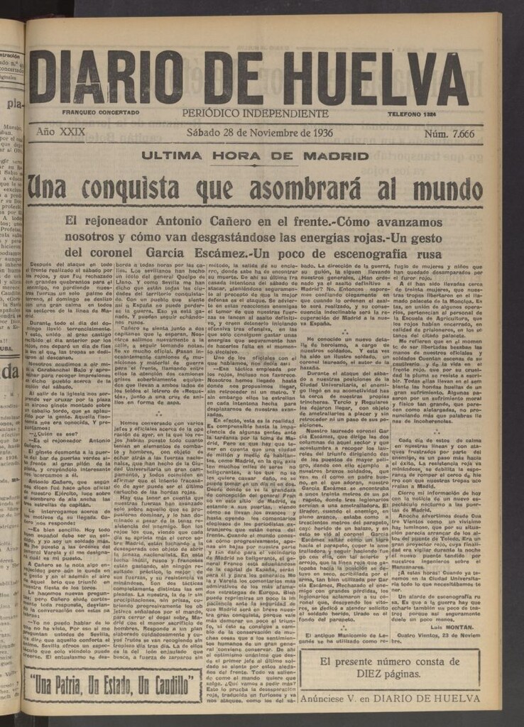 Miniatura de Diario de Huelva : periódico independiente del 28 de noviembre de 1936