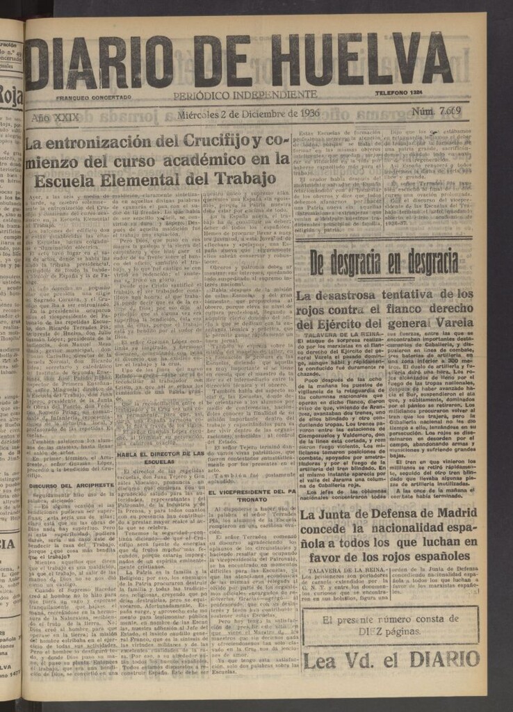 Miniatura de Diario de Huelva : periódico independiente del 2 de diciembre de 1936